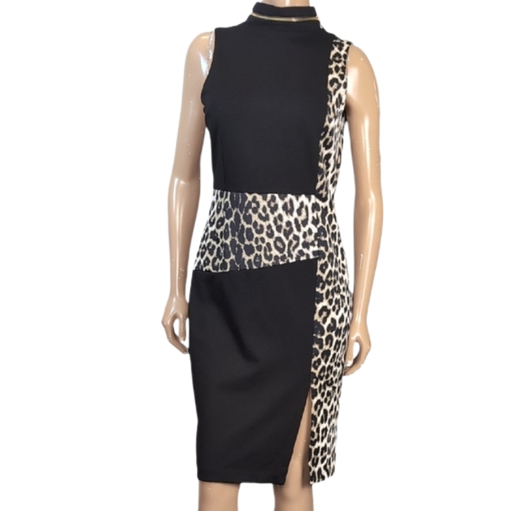 Vintage Cartise Leopard Black Dress Mock Neck Gold Zipper Sleeveless Sheath